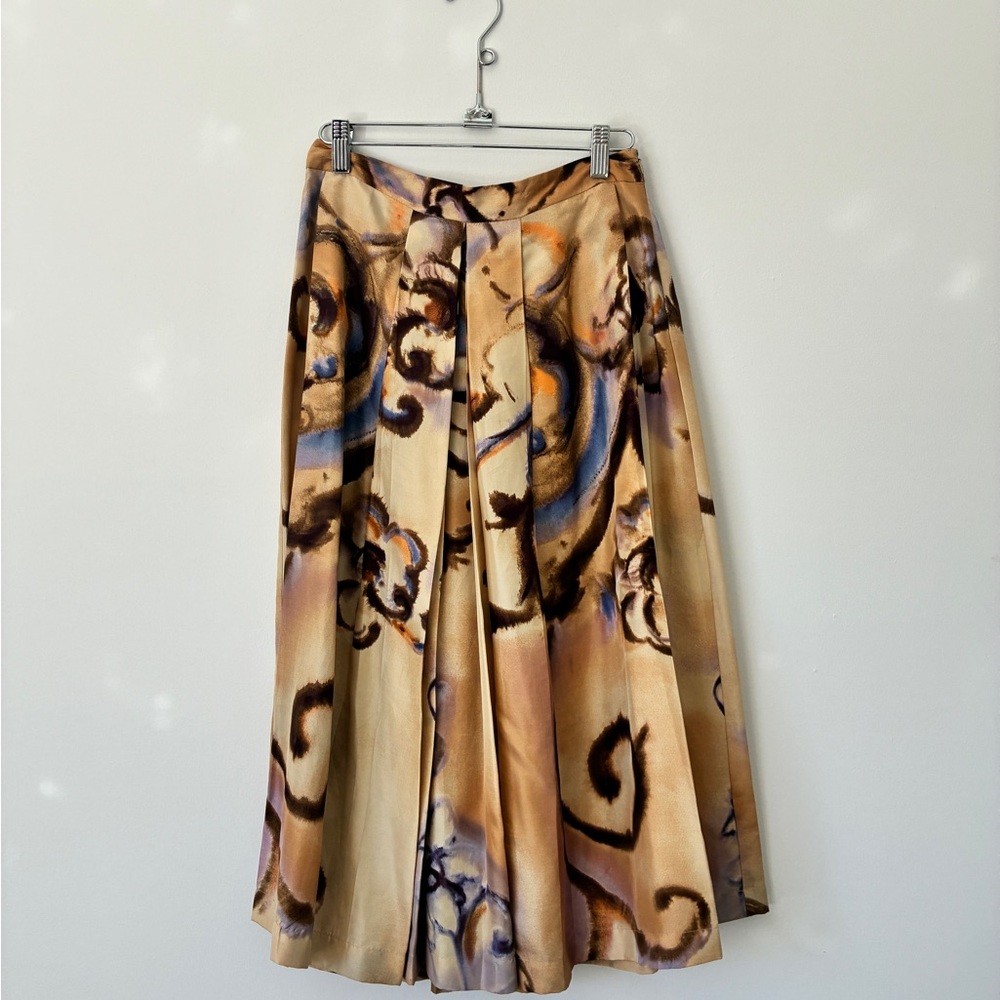 Zara Beige and Blue Artistic Pleated Silk Skirt